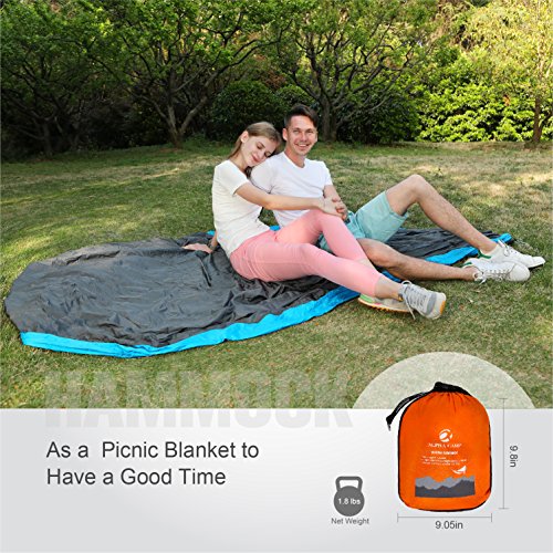 ALPHA CAMP Double Camping Hammock Parachute Hammock with Tree Straps Ultralight Portable for Backpacking Travel Hiking Beach Yard, Blue Black - Thumbnail 4