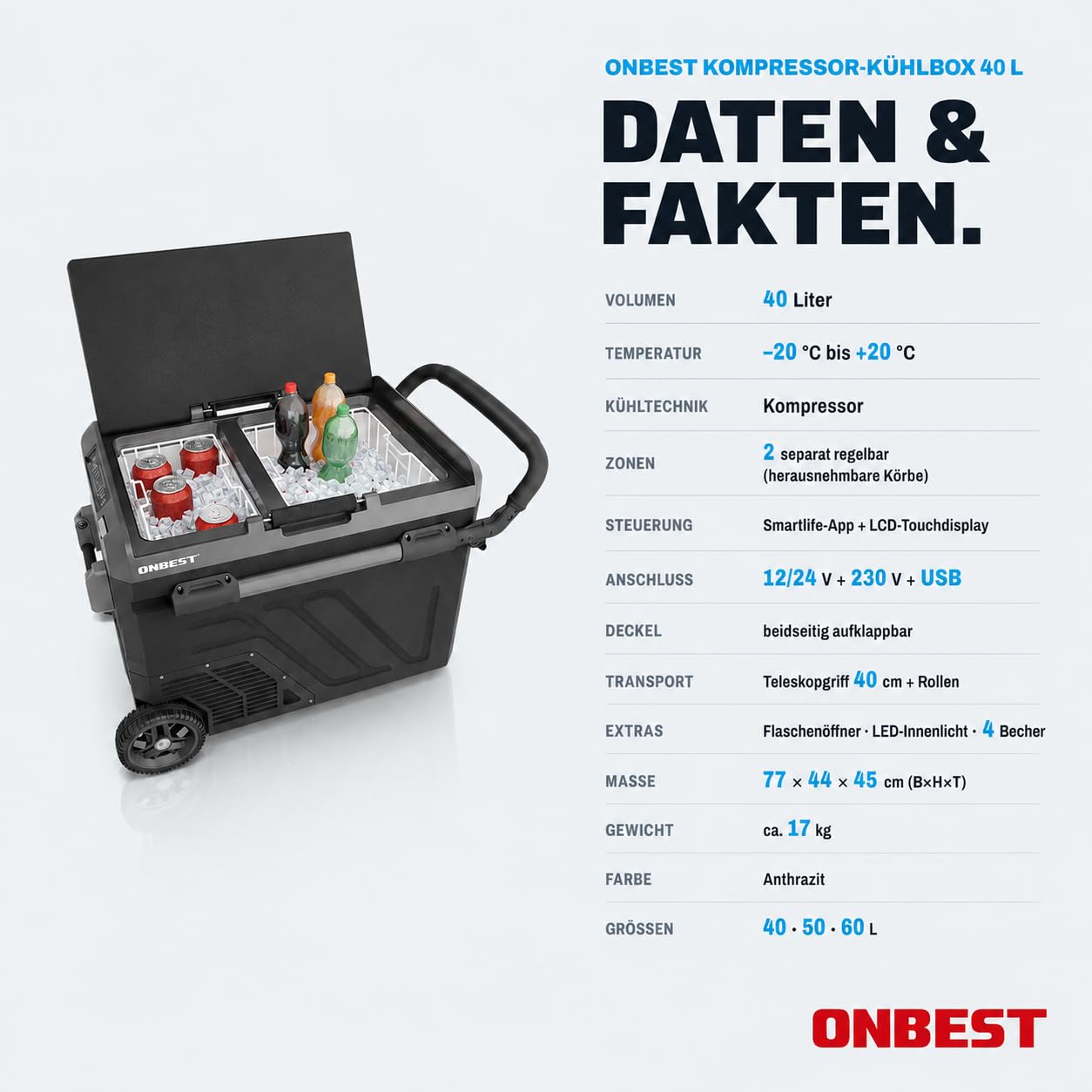 ONBEST XXL Kompressor Kühlbox – Große 40L – Elektrische Gefrierbox & Teleskophandgriff – 12V & 230V Stromanschluss – Mobile Kompressorkühlbox mit integriertem Zubehör – Autokühlboxen 9