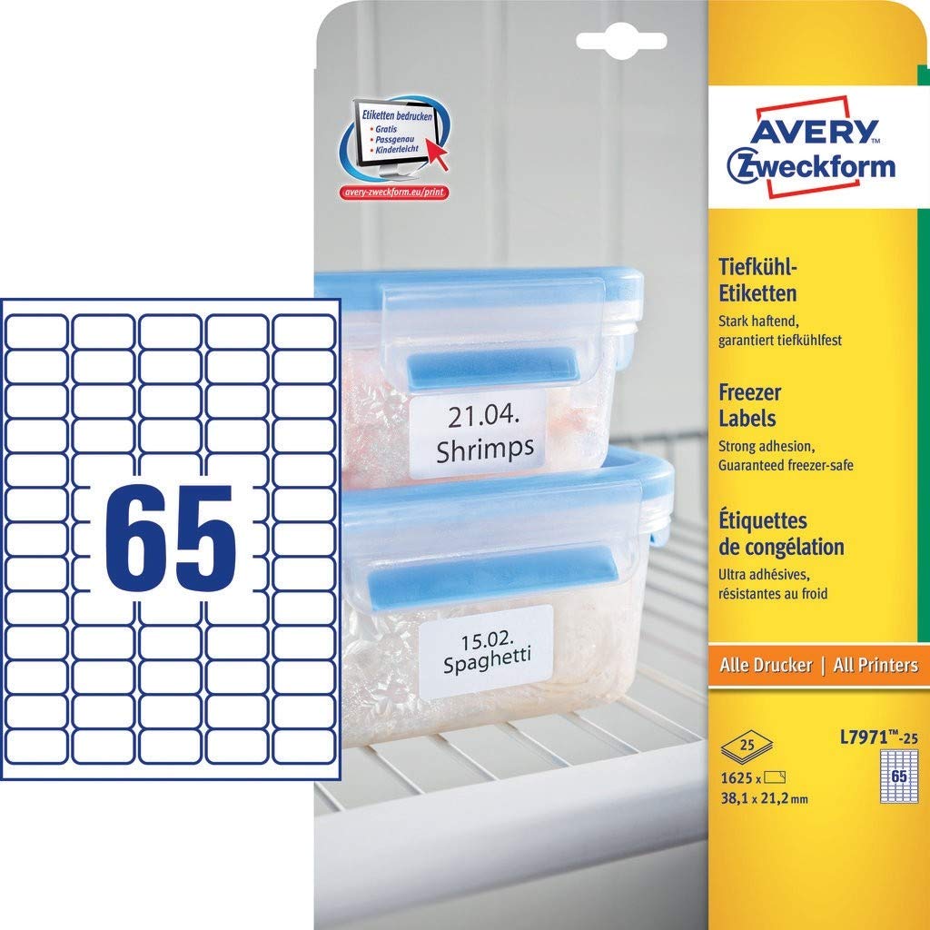 Avery Zweckform L7971-25 Freezer Labels, A4, 1,625 Pieces, 38.1 x 21.2 mm, 25 Sheets, White