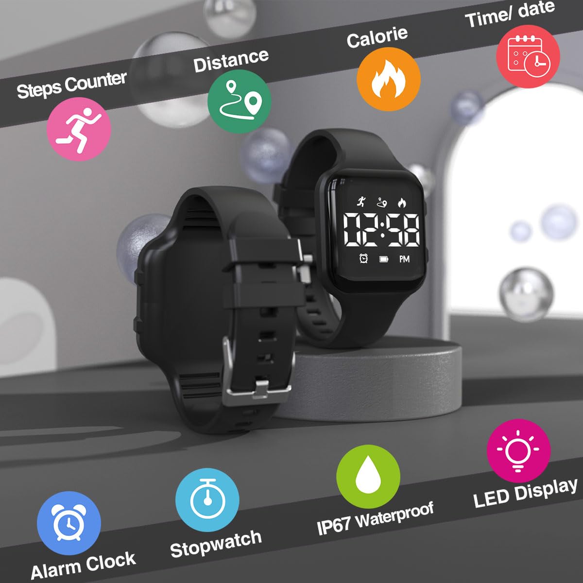 Kids LED Digital Watch, with Pedometer Step Counter, Waterproof, Sport Wristwatch, Calendar, Alarm Clock for Children Boys Girls Teens