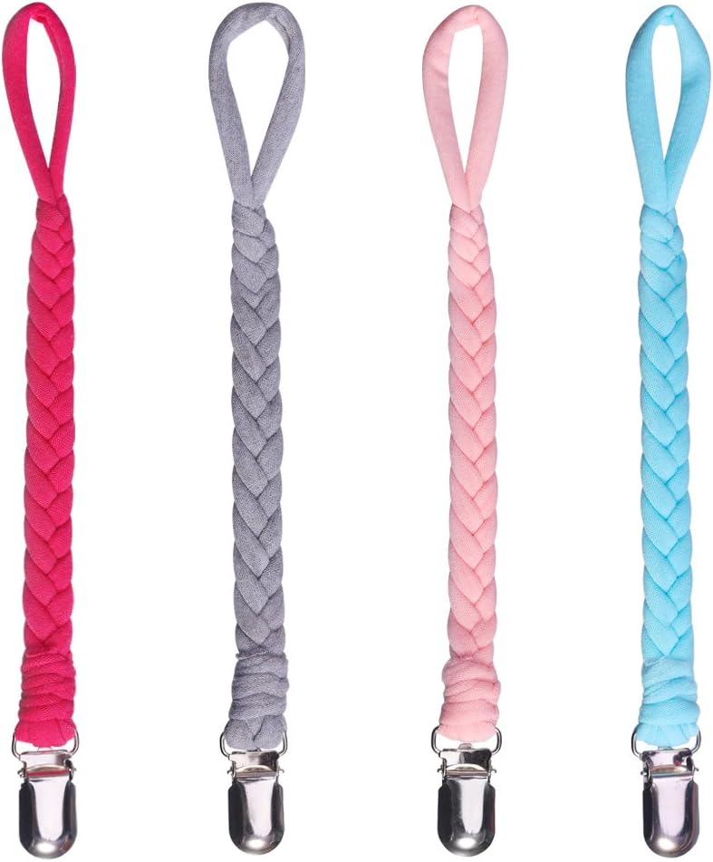 HAUTOCO Pacifier Clip 4 Pack Universal Braided Pacifier Clips Teething Ring Holders Modern Design for Boys Girls