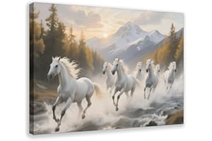 7 Horses Running Wall Painting, Lucky White Horse And Rising Sun. Canvas Poster,Bedroom Decor,Office Room,Bathroom Decor, Wal