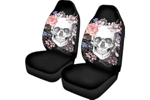 Pehede Car Seat Cover Flower Skull Front for Cars, Easy to Install Cover Set, Accessories Auto Trucks Van SUV,2 Packs