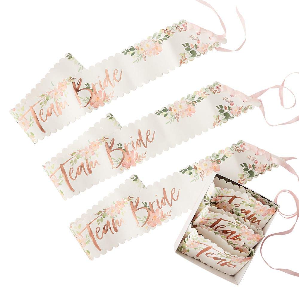 Ginger Ray Floral Rose Gold Foiled Team Bride Sashes - 6 Pack - Floral Hen Party