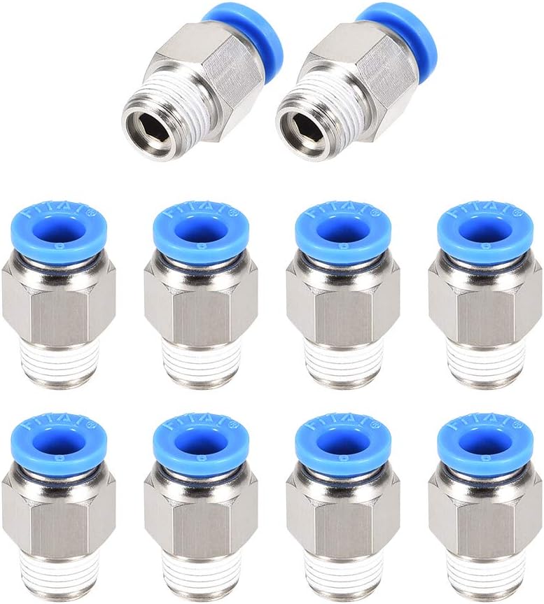 sourcing map 1/8PT Male Straight Thread 6mm Push to Connectors Quick Fittings Silver Tone 10Pcs, 1/8PT x 6mm