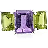 Natural 4ct Purple Amethyst, Peridot 925 Solid Sterling Silver Ring Size 5, 6, 7, 8, 9