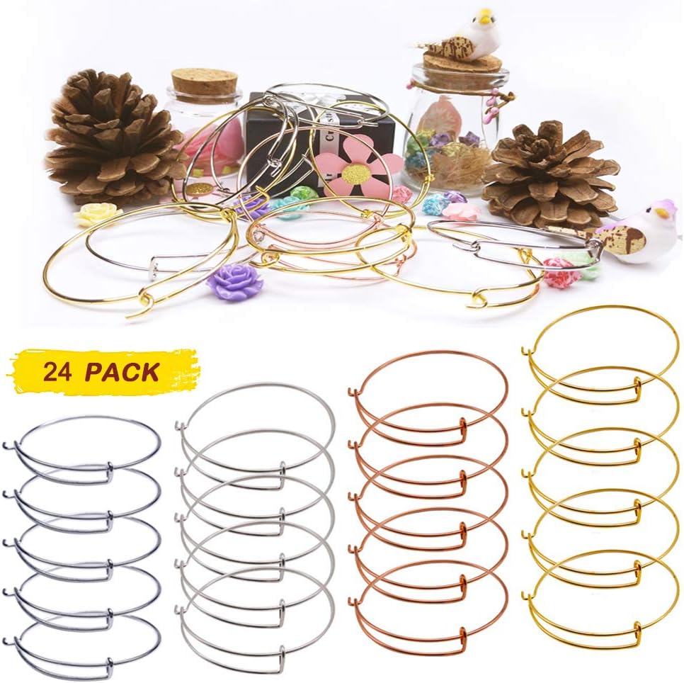 24 PCS Expandable Bangle Bracelet, Adjustable Wire Blank Bracelet Expandable Bangle for DIY Jewelry Making, White K, Silver, Gold and Rose Gold