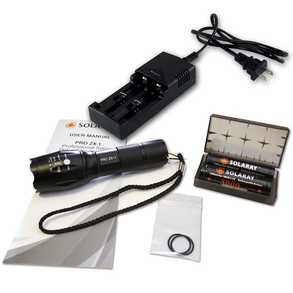 SOLARAY Handheld LED Tactical Flashlights – Professional Series ZX-1 Kit – Super Bright High Lumen – 5 Light Modes, Adjustable Focus, Outdoor Water Resistant – Rechargeable Battery, Charger