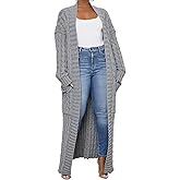 HRESSLBD Womens Thin Stylish Cable Knit Dual Extra Long Maxi Cardigan with 2-Pockets