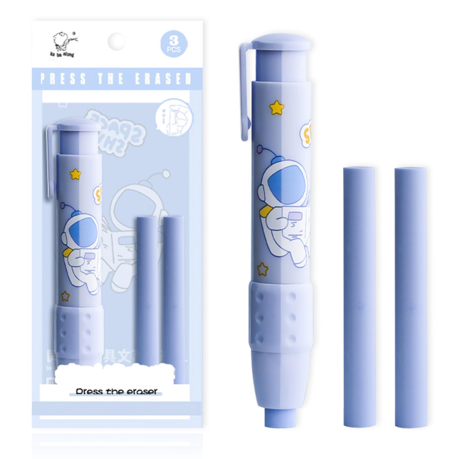 Photo 1 of Cute Pencil Erasers, Kids Retractable Erasers with Refills, Standard Pen-Style Erasers, Fun Click Erasers, Kawaii Japanese Stationery Supplies (Blue)