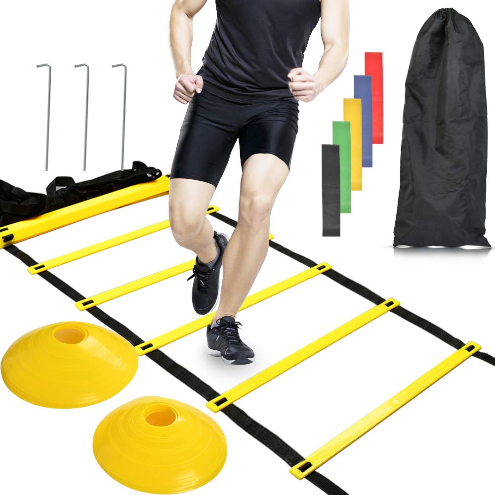 BUYGOO 6m Agility Speed Training Ladder Cones Resistance Bands, 12 Rung Football Speed Ladder for Kids and Adult Agility Ladder Set with Pins and Drawstring Bag for Outdoor Sports Training