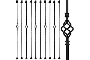 SZLYYDS Balusters for Staircase Interior 10 Pack, Stair Balusters 44" Square Iron Balusters for Staircase, Hollow Single Basket Double Twist Metal Spindles for Staircase Indoor Black with 20 Balusters Shoes