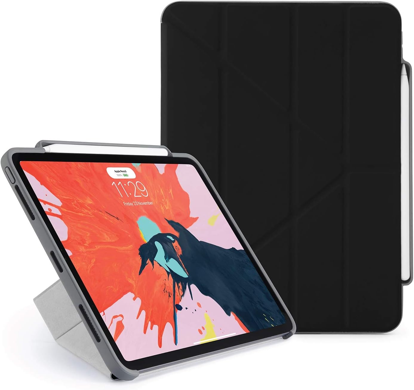 PIPETTO Origami Pencil iPad Case Pro 11" (2018) | Shockproof TPU with 5 in 1 Stand Black with Apple Pencil 2 Storage, synch and Charge
