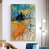 Vlolvfe Orange Blue Abstract Wall Art Orange Abstract Painting Watercolor Artwork Blue Modern Picture Grey and Black Wall Art Colorful for Living Room Decor 16x24inch No Frame
