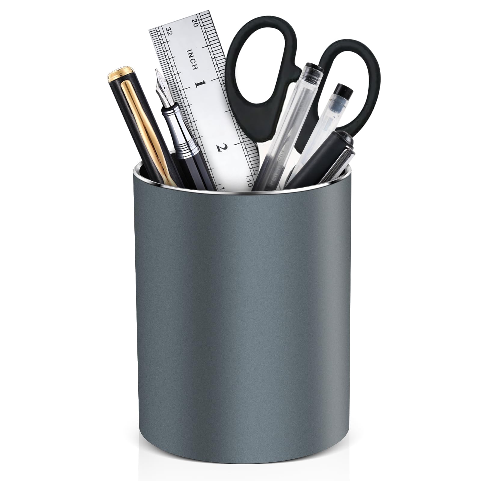 RQB Metal Pen Holder for Desk Round Aluminum Desktop Organizer and Makeup Brush Holder Storage Box for Office, School, Home, and Kids, Non-slip silicone bottom3.9×3.14inch (Grey) — image 1