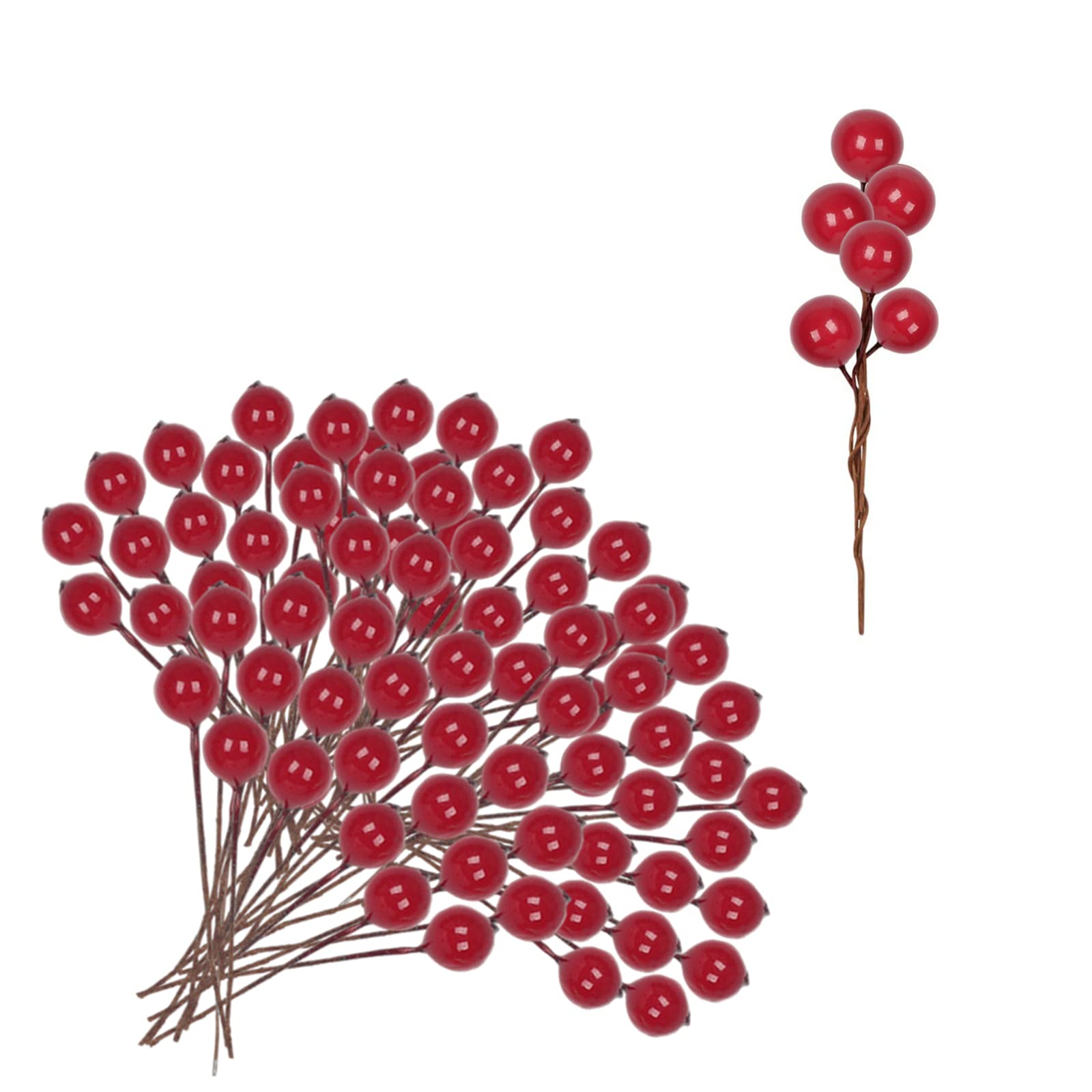 100pcs Christmas Artificial Red Mini Holly Berries,Artificial Red Berry Twig Stem Red Berry Fruits Picks Berry Winter Berries Bunch for Christmas Wreath Making Xmas Tree Decorations Supplies