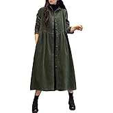 ebossy Womens Corduroy Button Down Shirt Dress Long Sleeve Lapel A-Line Pleated Midi Long Dress with Pockets