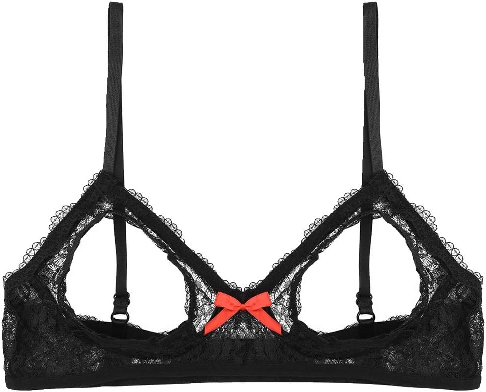 Women's Lace Sheer See-Through Hollow Out Wire-Free Unlined Bra Nipple Split Triangle Bralette