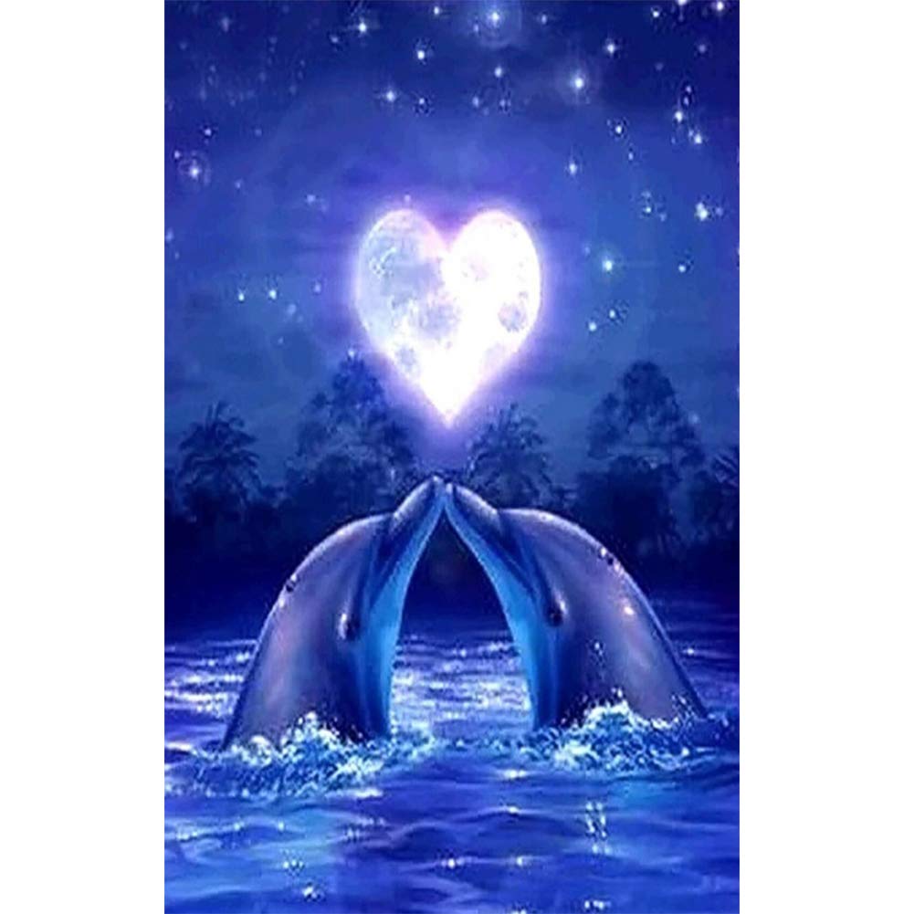 WOWDECOR 5D Diamond Painting Kits, Dolphin Kiss Blue Sea Love Moon Night Sky Animals Full Drill DIY Diamond Art Cross Stitch Paint by Numbers