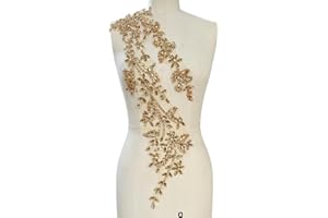 PLune Handmade Shining Acrylic Rhinestones on lace Applique Sewing Beads Stones Trim Patches Accessories for Wedding Dress (Champagne Right)