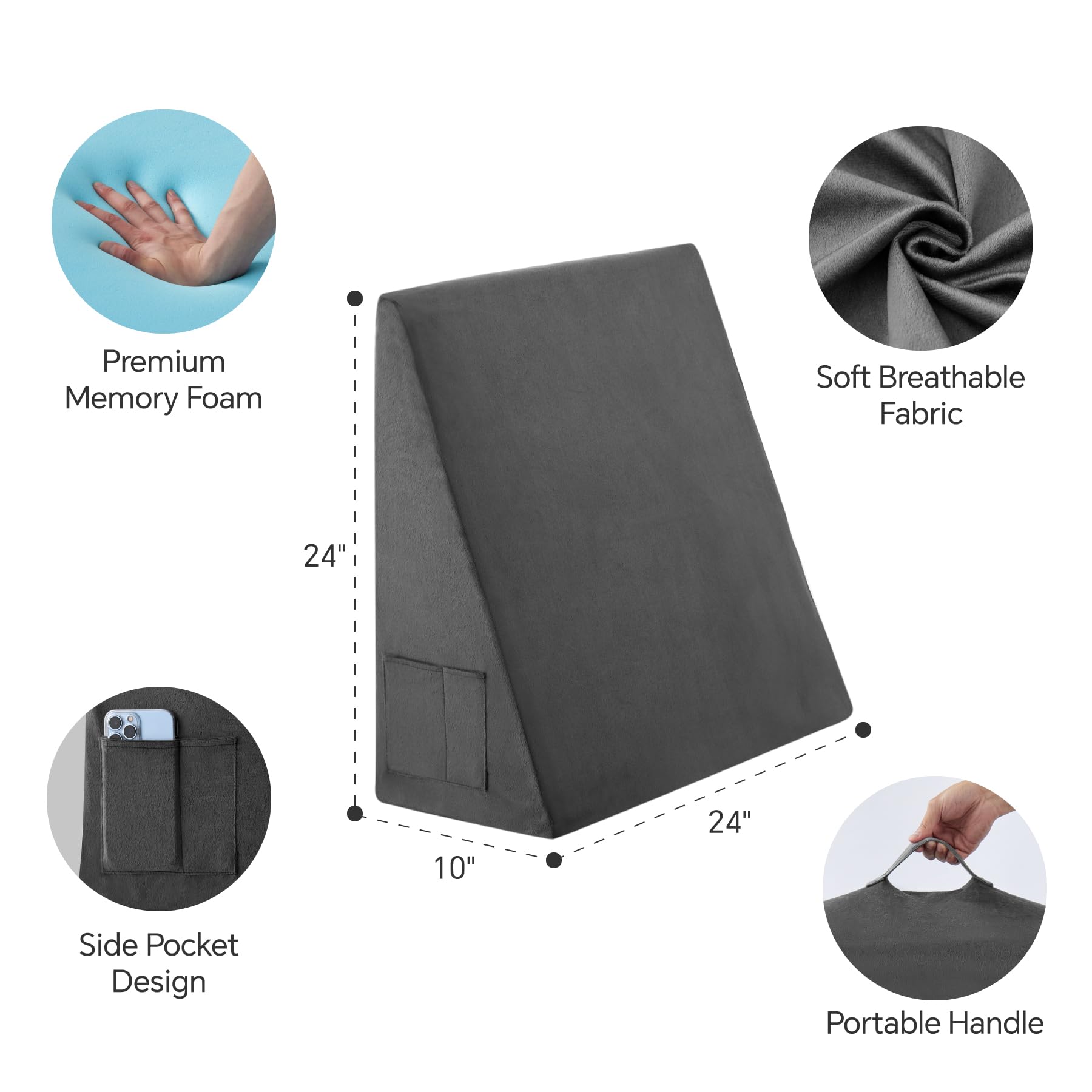 Bedluxe Wedge Pillow, 10 inch Bed Wedge Pillow for Headboard, Pillow Wedge for Acid Reflux Relief, Sleeping, After Surgery, Snoring, Gerd, Triangle Pillow Wedge - Cooling Memory Foam Top, Plush Grey