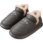 Plush Lined Home Slippers for Women Men Winter Non-Slip Waterproof PU Warm House Booties Indoor Outdoor Shoes
