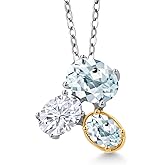 Gem Stone King 925 Silver and 10K Yellow Gold Sky Blue Aquamarine and Moissanite Pendant Necklace For Women (2.60 Cttw, Oval 8X6MM, 7X5MM and 6X4MM, March Birthstone, with 18 Inch Chain)