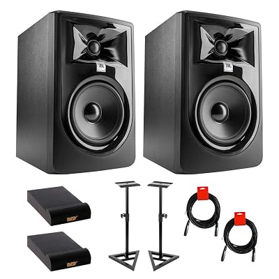 JBL 305P MkII Powered 5" Studio Monitor (Pair) Bundle with Studio Monitor Stands (Pair), 2X Small Pads & XLR-XLR Cable