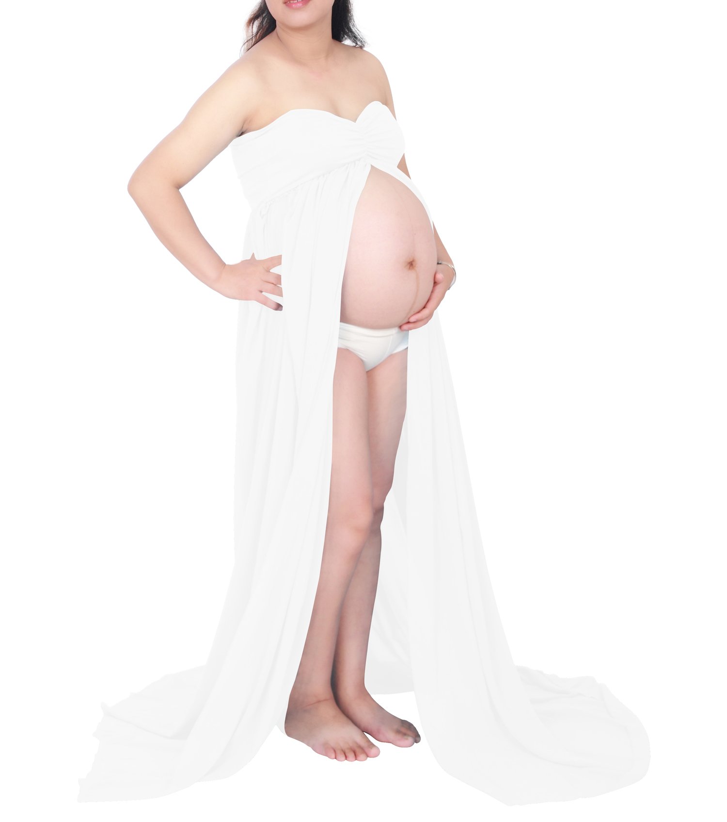 Gititlys Split Front Ruched Tube Top Sleeveless Long Sexy Pregnant Dresses for Photo Shoot Baby Shower Wedding Special Occations White