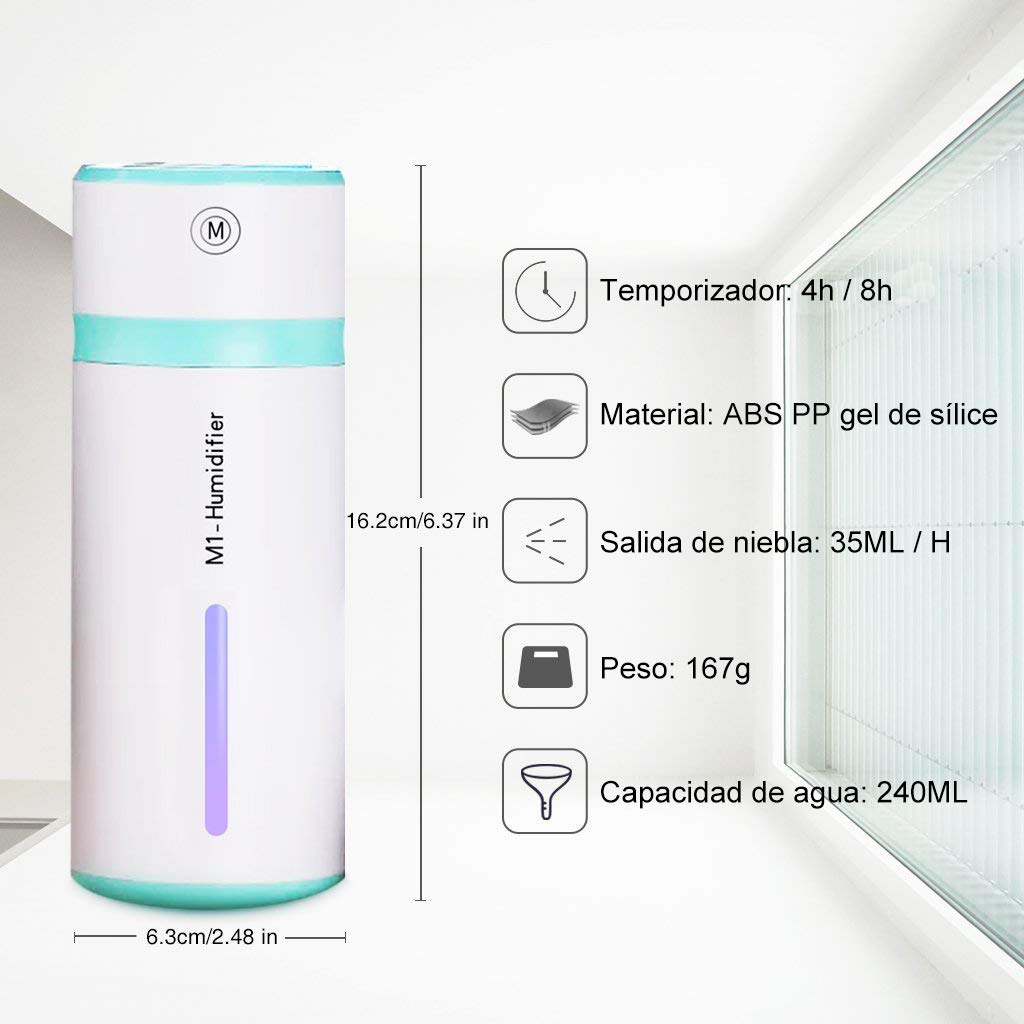Humidificador de Vapor 240ml, Ultrasónico Mini Humidificador aire USB Vaporizador Mini automóvil humidificador portátil, apagado automático, con luz de led para el Dormitorio Oficina de Viaje