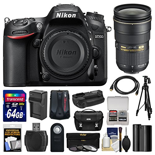 Nikon D7200 Wi-Fi Digital SLR Camera Body with 24-70mm f/2.8G AF-S Lens + 64GB Card + Case + Battery/Charger + Grip + Tripod + Kit Nikon D7200 Wi-Fi Digital SLR Camera Body with 24-70mm f/2.8G AF-S Lens + 64GB Card + Case + Battery/Charger + Grip + Tripod + Kit