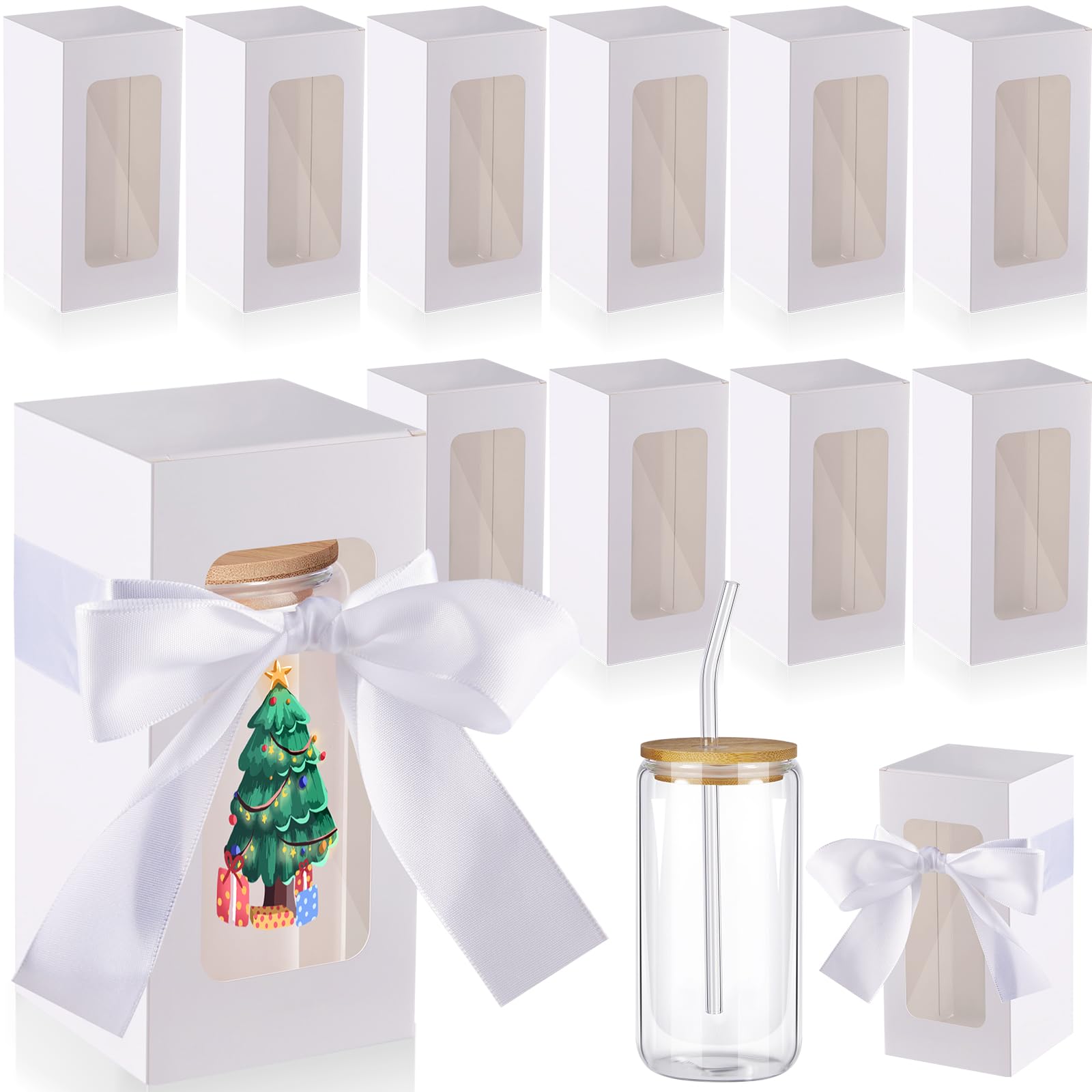 Photo 1 of **PARTIAL SET / CUPS NOT INCLUDED** Fulmoon 12 Sets Sublimation Glass Cup Boxes Glass Bottle Boxes with Ribbon Valentine's Day Shipping Blanks Gift Wrap Gaine for Birthday Wedding Party Drinking Glasses Cup(White)