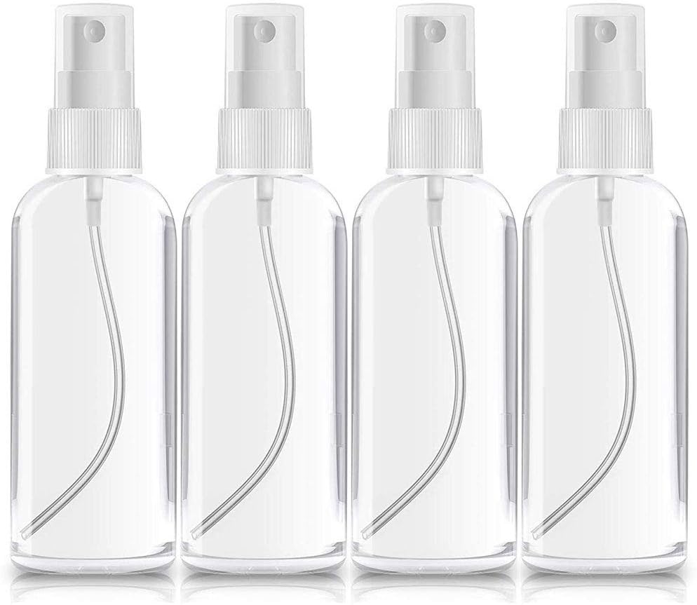 Borogo 4 Pack 60 ML Clear Plastic Spray Bottles with Fine Mist Sprayer - Refillable & Reusable Bottles for Essential Oils, Perfumes, Cleaning Products, Aromatherapy - Travel Small Bottles