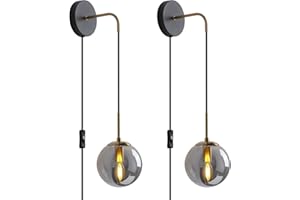 KUZZULL Wall Sconces Set of Two Black and Brass Gold Plug in Wall Sconces Set of 2 with Globe Smoke Grey Glass Shade Wall Lights Wall Lamps for Bedrooms Sconces Wall Decor Set of 2 with Plug in Cord Switch