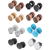 JOVIVI 8 Pairs 18G/16G Wood Faux Gauges Earrings For Men Women Punk Stainless Steel Turquoise Barbell Stud Earrings Fake Flesh Ear Tunnels Expander Plugs 00G Gauge Look