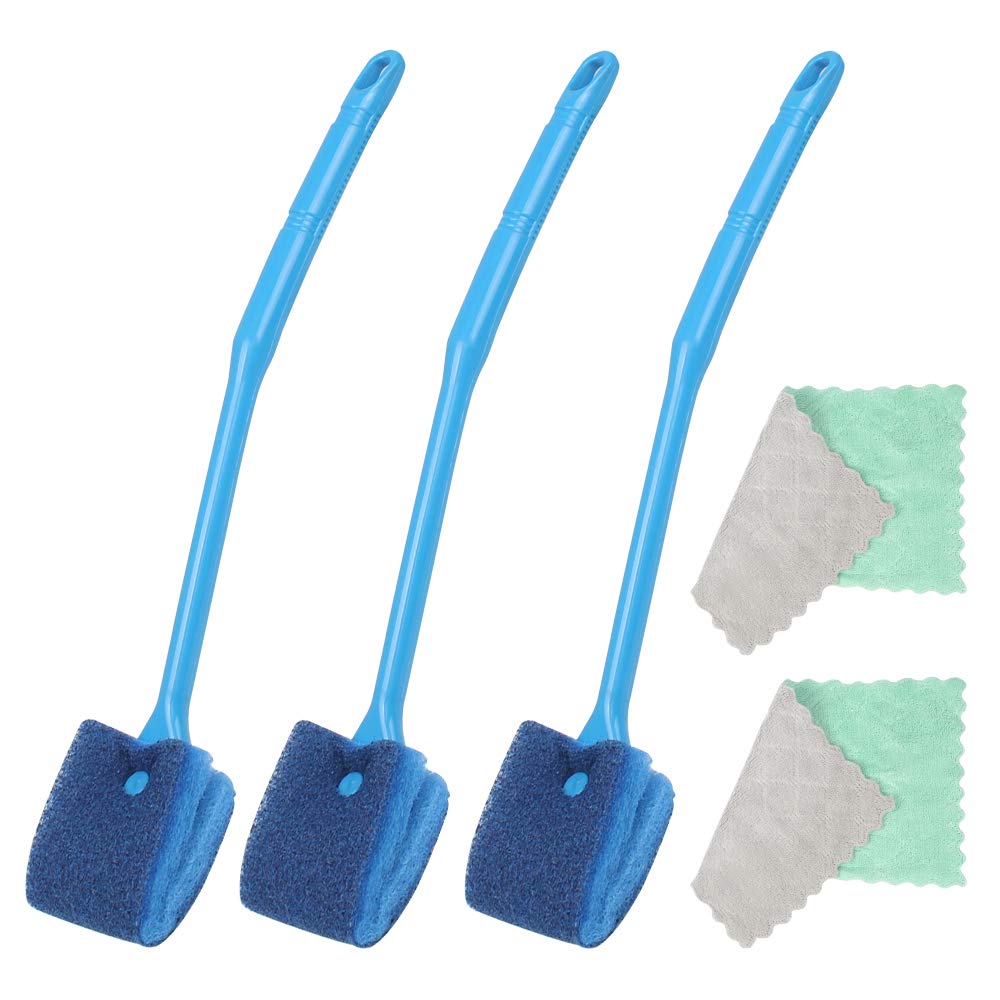 Huayue 3 x Sponge Aquarium Cleaning Brush, Double-Sided Algae Scraper with Non-Slip Handle and 2 Cleaning Cloths for Aquariums