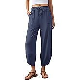 Jiflora Women's Harem Cotton Linen Pants Wide Leg Capri Beach Pants Palazzo Cropped Drawstring Trousers with Pockets