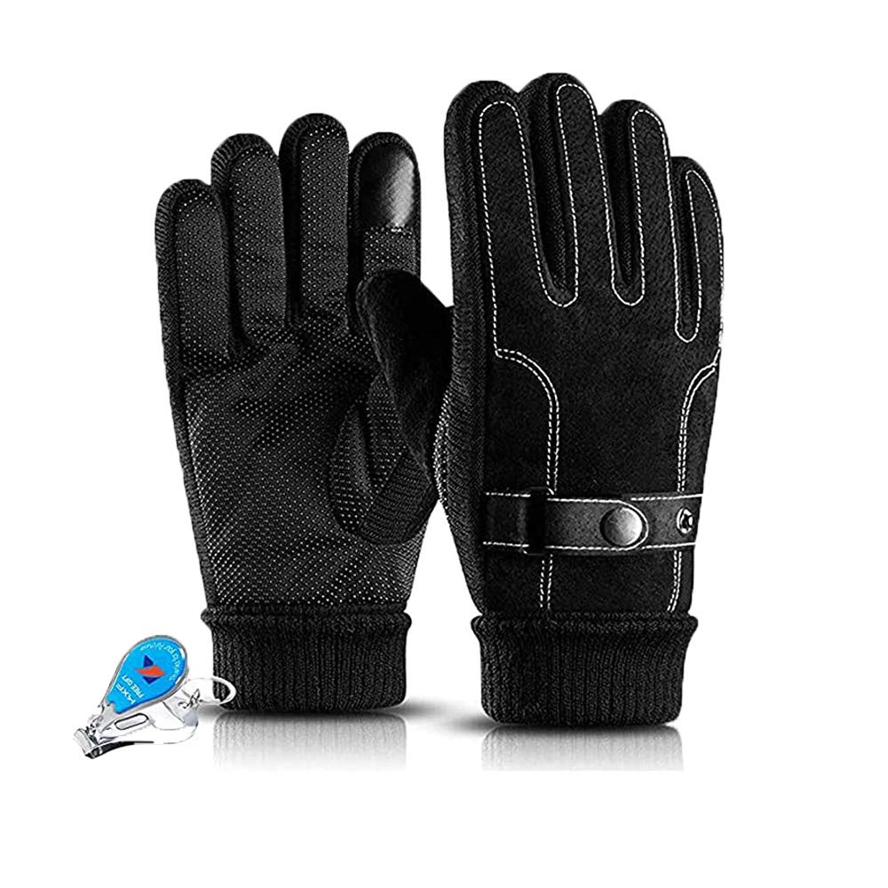 WITERY Men Winter Thermal Genuine Leather Gloves Windproof Anti-slip Touch Screen Mittens with Thick Fleece Lining Fur Lined Gloves for Driving Running Cycling Biking Skating Gift