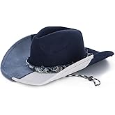 GOKTOW Suede Denim Cowboy Hat - Wide Brim Blue Cowgirl Hat with Chinstrap - Western Jean Hat for Women Men Party & Outdoor