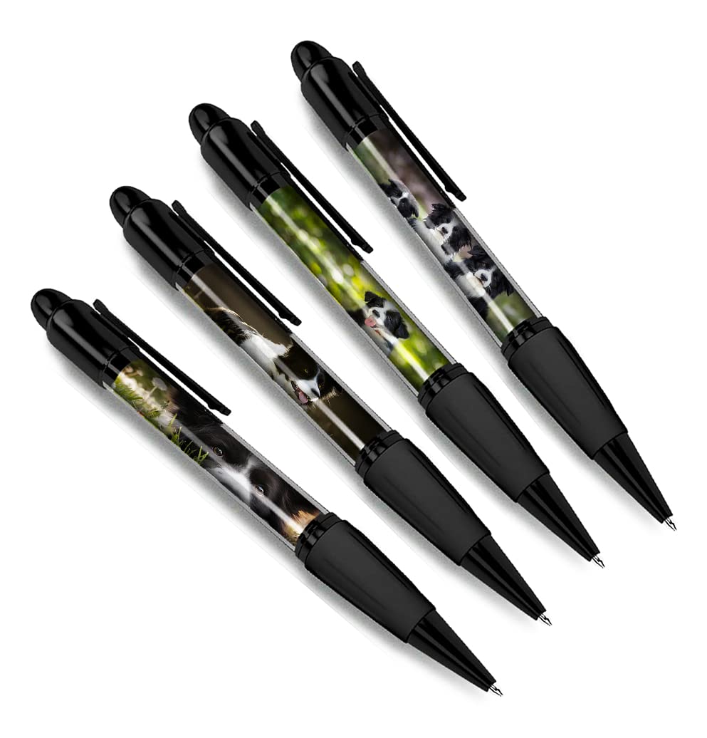 DV DESIGN Set of 4 Border Collie Black Ballpoint Pens - Puppy Animals Scottish Pets Pattern Dogs Friends Boys Girls Men Women Theme Pen #79368