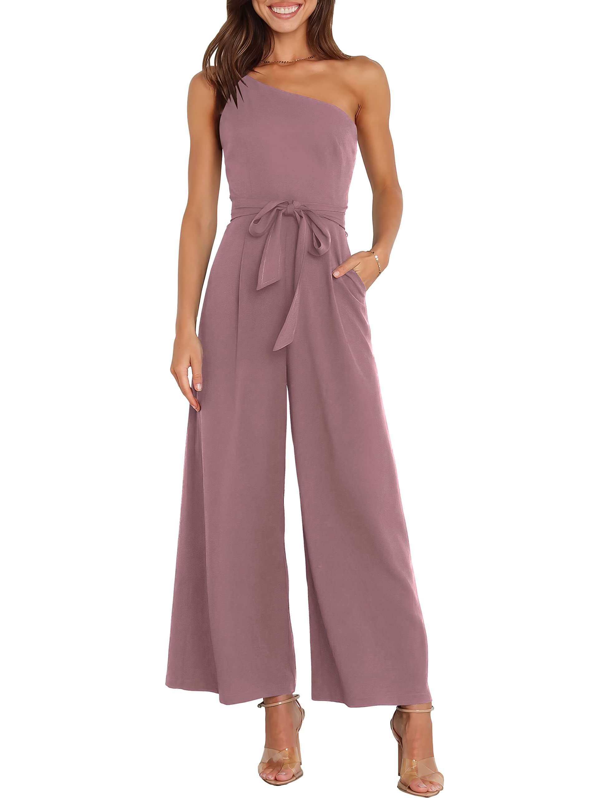 Photo 1 of ***BLUSH PINK OR TAN COLOR**** ANRABESS Women Summer Dressy Jumpsuits One Shoulder Sleeveless Casual Wide Leg Pants Romper Jumper 2025 Trendy Fall Outfits Pink Small
