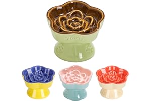 S&Q's CERAMICS Raised Slow Feeder Cat Bowl, Ceramic Elevated Cute Cat Food Bowl Small Dogs Slow Feeder Bowl, Flower Shaped Cute Cat Bowl for Dry and Wet Food (Brown, 5.8")