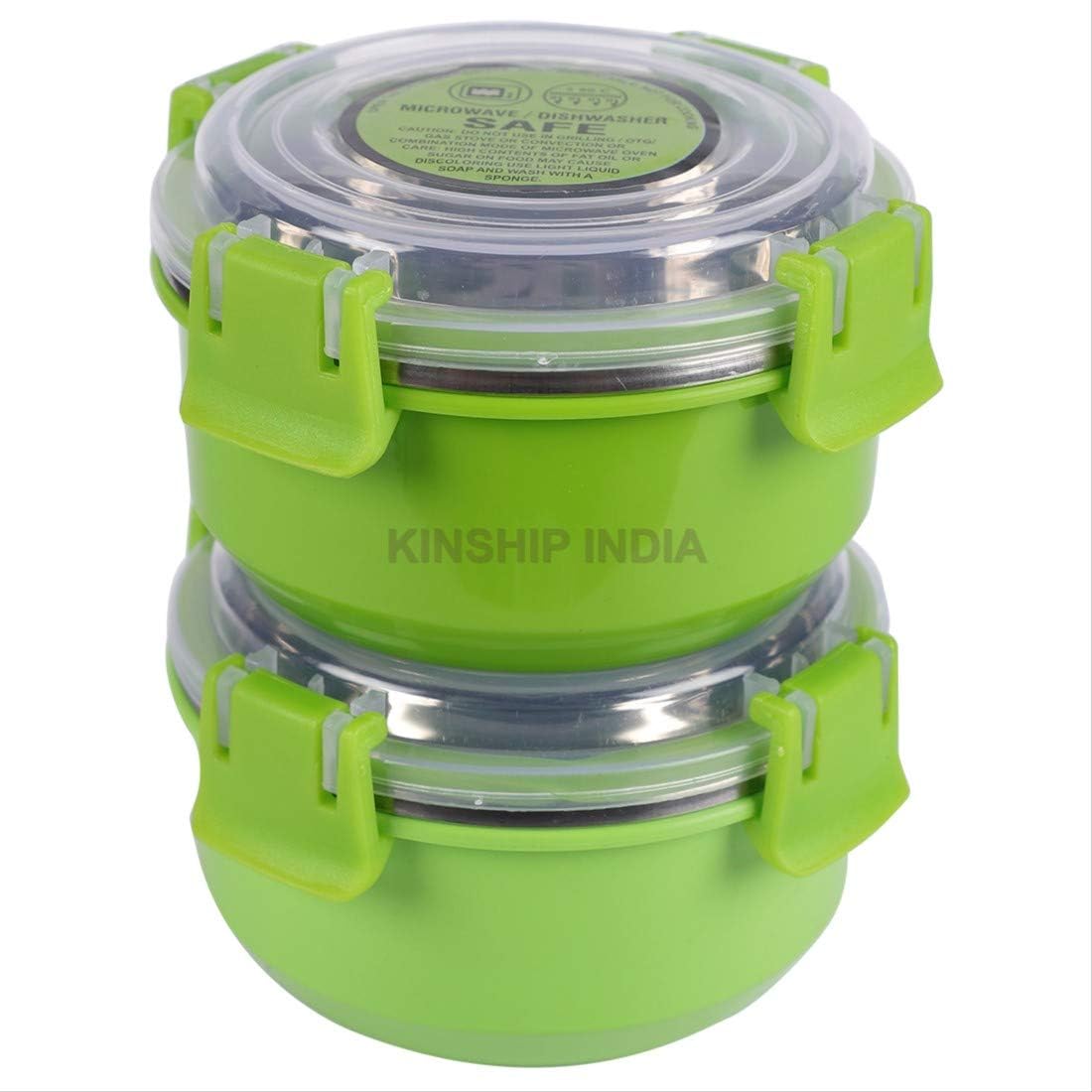 KINSHIP INDIA Microwave Safe Stainless Steel Smart Lock Lunch Container Box (300 ml, Green), Set of 2