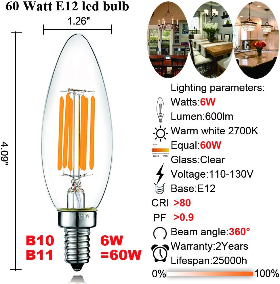 LiteHistory Dimmable B10 led Bulb 6W Equal 60W led Candelabra Bulb 2700k Clear e12 Edison Bulb for Chandelier Light Bulbs and Ceiling Fan Light Bulbs AC120V 600lm b11 led Bulb Torpedo 6Pack - - 