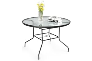 VINGLI Round Patio Table with Umbrella Hole, 40" Outdoor Dining Table Steel Tempered Glass Patio Tables Round Outdoor Tables for Balcony Garden Deck