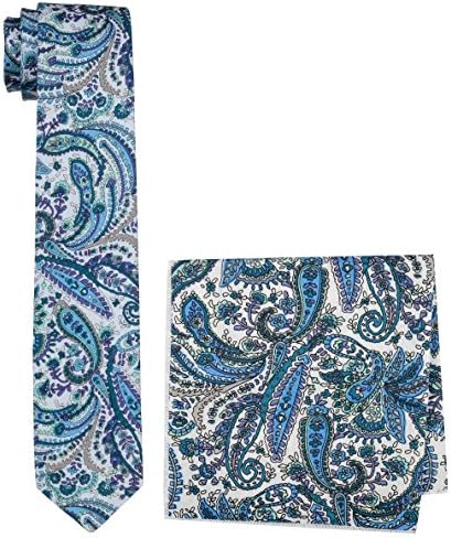 TIEMASTER YOGO Men's Combo of Cotton Necktie & Pocket Square (White & Blue, Floral design, Free size) I Premium Quality product