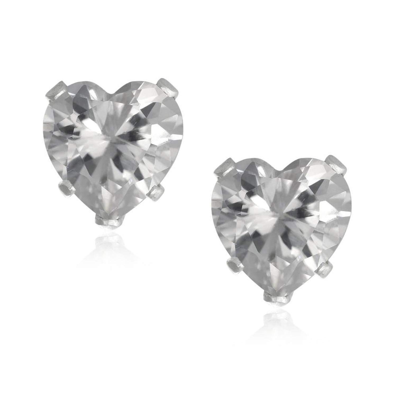 8MM Heart Cut CZ Birthstone Stud Earrings/Ear Studs for Women - 925 Sterling Silver - Diamond White/Clear