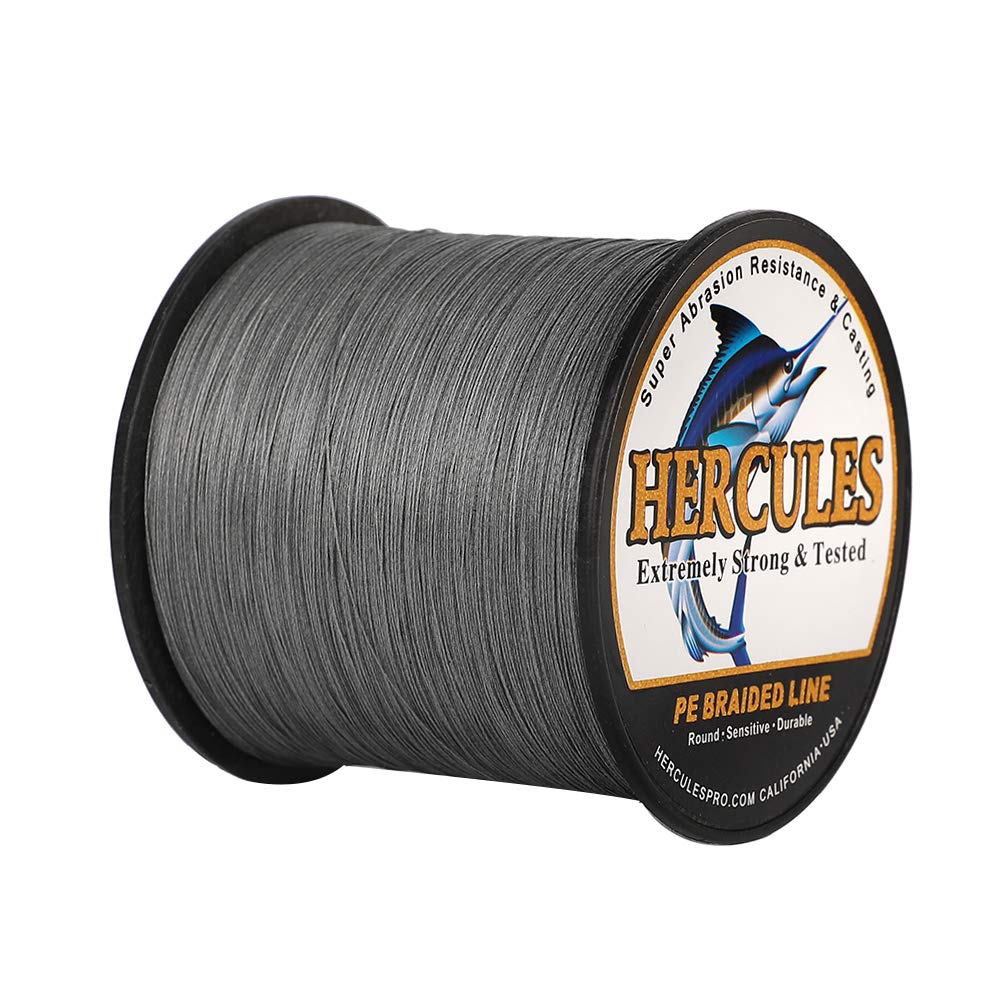 Hercules Braided Fishing Line 1500m 1640yds 6lbs-100lbs Pe Superline 4 Strands (Grey 20lb/9.1kg 0.20mm)