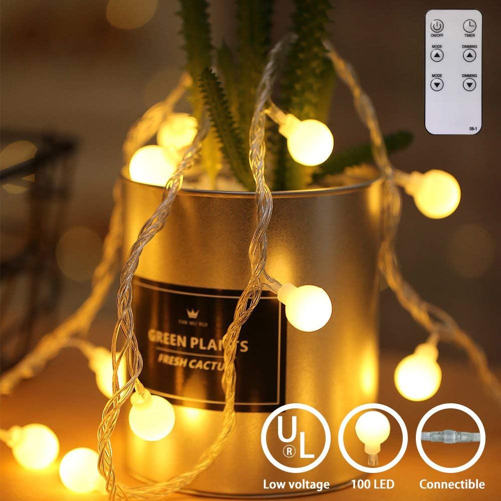 Amazon Com Ball Shaped String Light 49ft 100 Led Warm White Waterproof Decorative Fairy String Lights String For Lndoor And Outdoor With Infrared Remote Control 30v Low Voltage Transformer Expandable Home Improvement