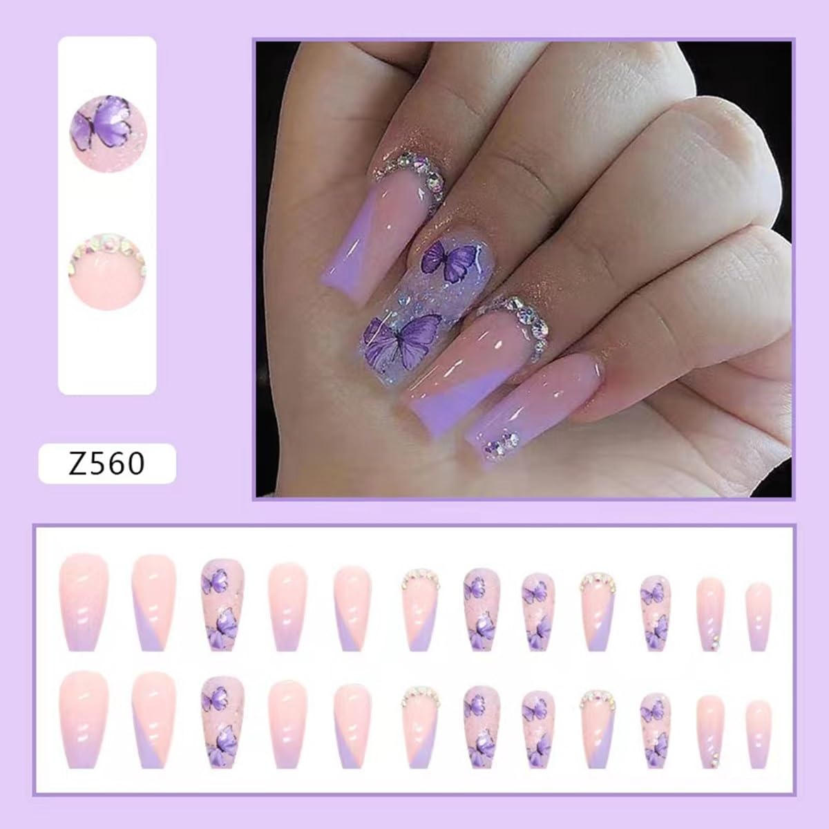 Purple Press on Nails Medium Coffin Fake Nails Butterfly False Nails with Glitter Rhinestone Design Stick on Nails Glossy Acrylic Glue on Nails Ombre Artificial Nails for Women Manicure 24PCS - Image 2